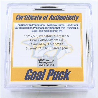 Colton Sissons - Nashville Predators - Goal Puck - October 12, 2023 vs. Seattle Kraken (Predators 25th Anniversary Logo)