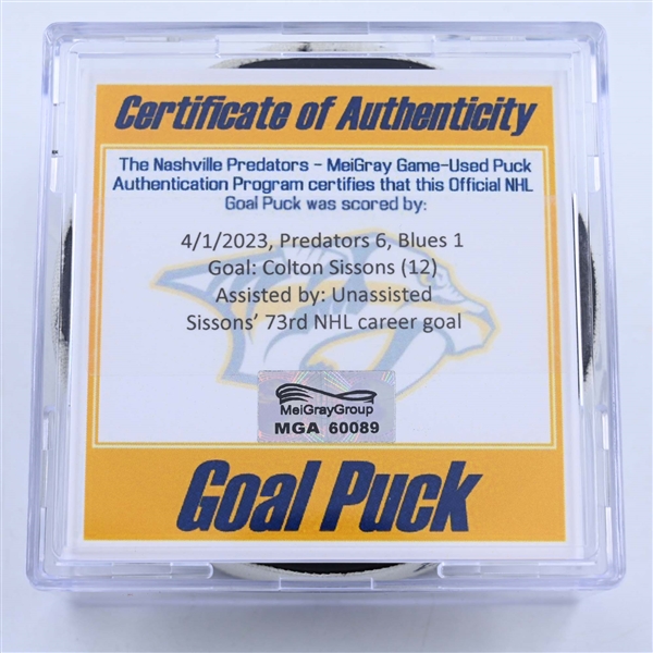 Colton Sissons - Nashville Predators - Goal Puck - April 1, 2023 vs. St. Louis Blues (Predators Logo)