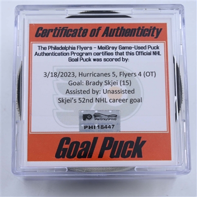 Brady Skjei - Carolina Hurricanes - Goal Puck - March 18, 2023 vs. Philadelphia Flyers (Flyers Logo)