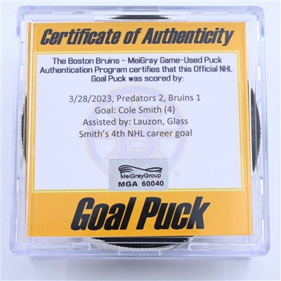 Cole Smith - Nashville Predators - Goal Puck - March 28, 2023 vs. Boston Bruins (Bruins Logo)