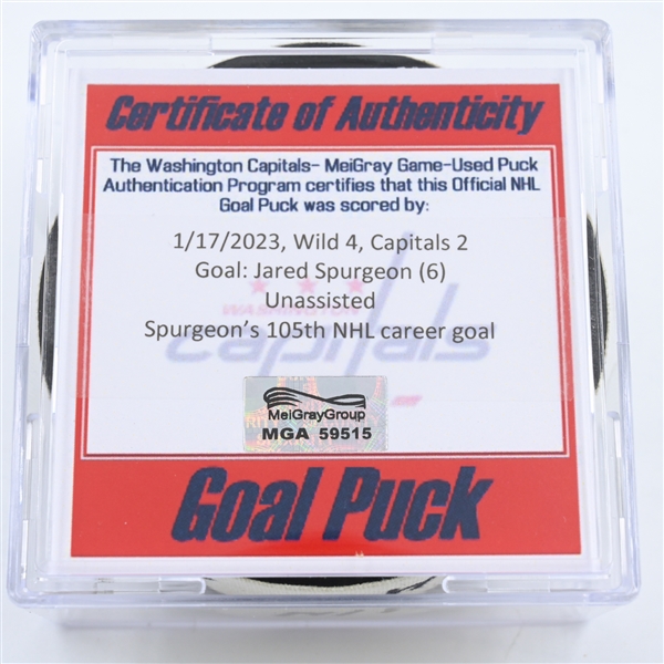 Jared Spurgeon - Minnesota Wild - Goal Puck -  January 17, 2023 vs. Washington Capitals (Capitals Logo)