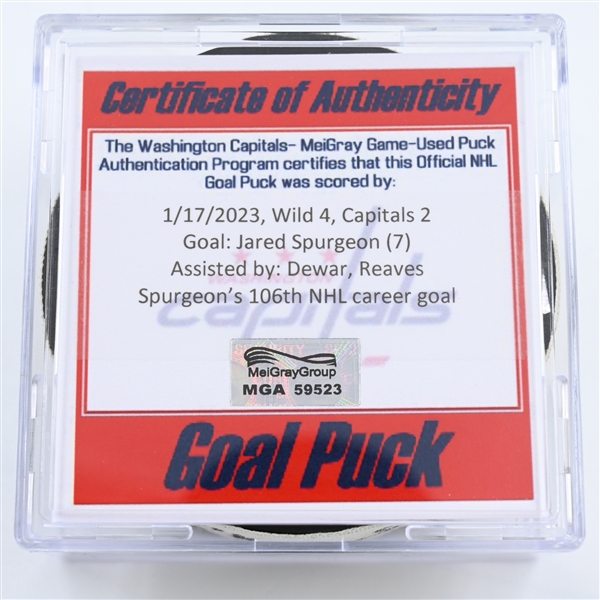 Jared Spurgeon - Minnesota Wild - Goal Puck -  January 17, 2023 vs. Washington Capitals (Capitals Logo)