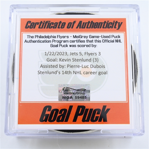 Kevin Stenlund - Winnipeg Jets - Goal Puck -  January 22, 2023 vs. Philadelphia Flyers (Flyers Logo)