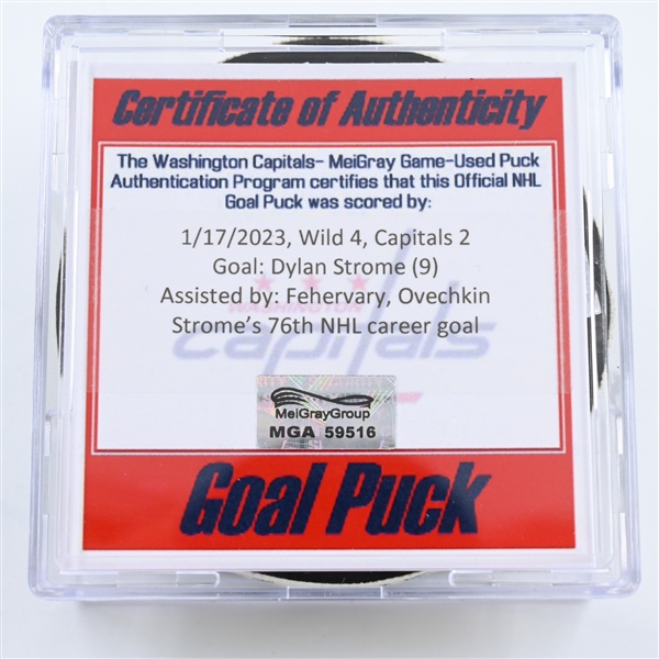 Dylan Strome - Washington Capitals - Goal Puck -  January 17, 2023 vs. Minnesota Wild (Capitals Logo)