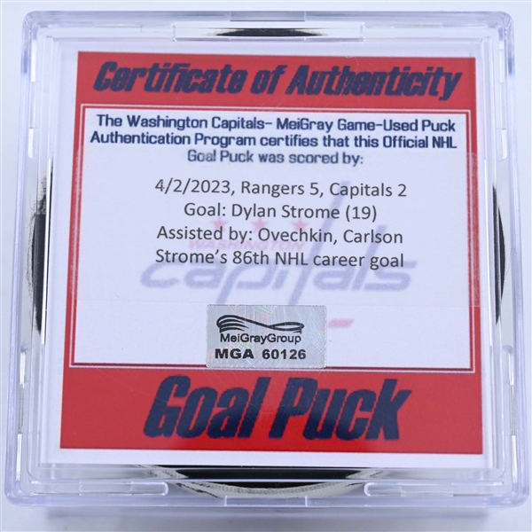 Dylan Strome - Washington Capitals - Goal Puck - April 2, 2023 vs. New York Rangers (Capitals Logo)