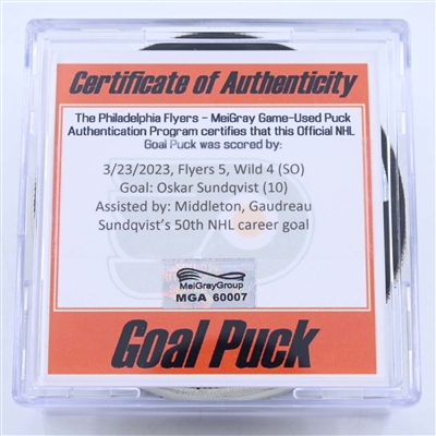 Oskar Sundqvist - Minnesota Wild - Goal Puck - March 23, 2023 vs. Philadelphia Flyers (Flyers Logo)