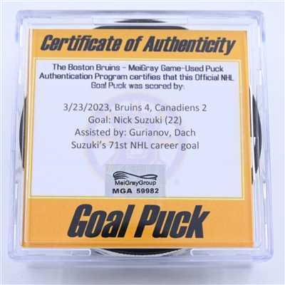 Nick Suzuki - Montreal Canadiens - Goal Puck - March 23, 2023 vs. Boston Bruins (Bruins Logo)