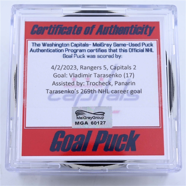 Vladimir Tarasenko - New York Rangers - Goal Puck - April 2, 2023 vs. Washington Capitals (Capitals Logo)