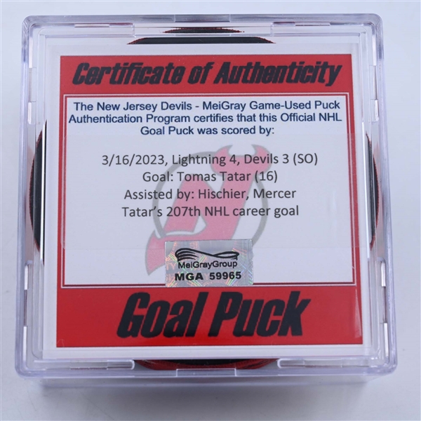 Tomas Tatar - New Jersey Devils - Goal Puck - March 16, 2023 vs. Tampa Bay Lightning (Devils 40th Anniversary Logo)