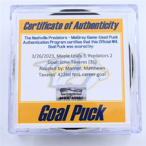 John Tavares - Toronto Maple Leafs - Goal Puck - March 26, 2023 vs. Nashville Predators (Predators Logo)