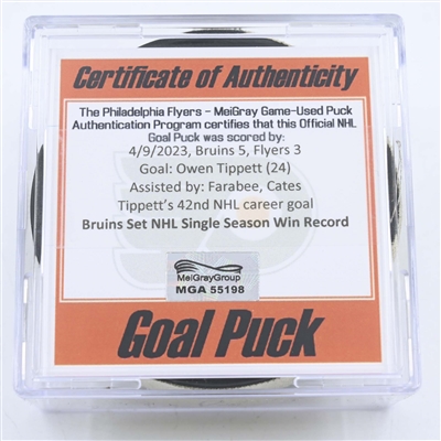 Owen Tippett - Philadelphia Flyers - Goal Puck - April 9, 2023 vs. Boston Bruins (Flyers Logo) - Bruins Set NHL Win Record