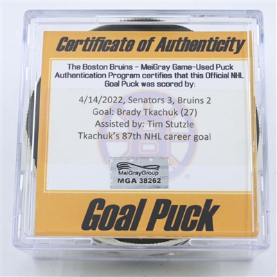 Brady Tkachuk - Ottawa Senators - Goal Puck - April 14, 2022 vs Boston Bruins (Boston Bruins logo)