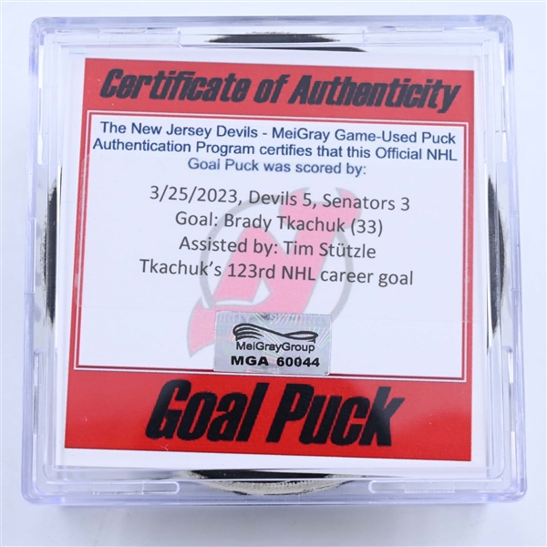 Brady Tkachuk - Ottawa Senators - Goal Puck - March 25, 2023 vs. New Jersey Devils (Devils 40th Anniversary Logo)