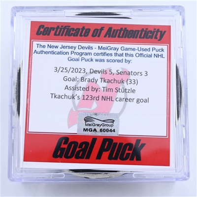 Brady Tkachuk - Ottawa Senators - Goal Puck - March 25, 2023 vs. New Jersey Devils (Devils 40th Anniversary Logo)