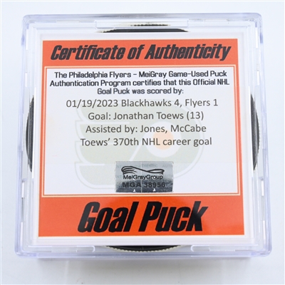 Jonathan Toews - Chicago Blackhawks - Goal Puck -  January 19, 2023 vs. Philadelphia Flyers (Flyers Logo)