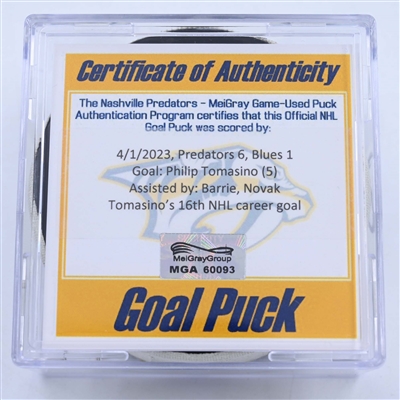 Philip Tomasino - Nashville Predators - Goal Puck - April 1, 2023 vs. St. Louis Blues (Predators Logo)