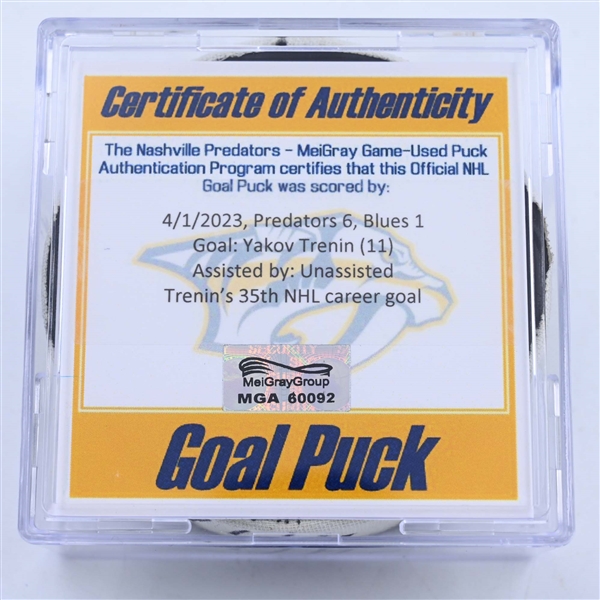 Yakov Trenin - Nashville Predators - Goal Puck - April 1, 2023 vs. St. Louis Blues (Predators Logo)