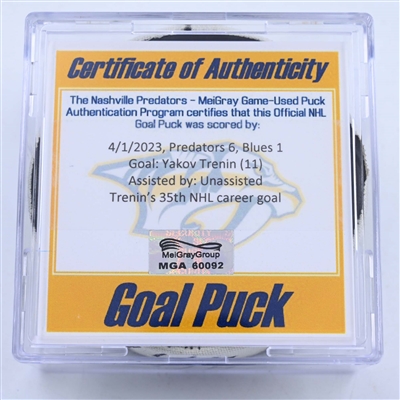 Yakov Trenin - Nashville Predators - Goal Puck - April 1, 2023 vs. St. Louis Blues (Predators Logo)