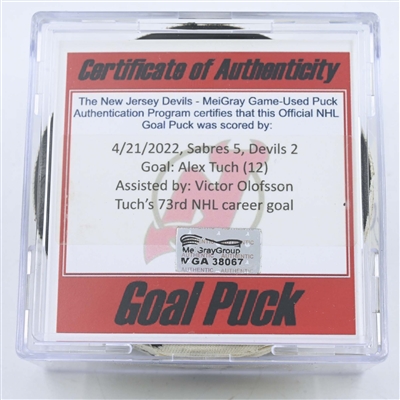 Alex Tuch - Buffalo Sabres - Goal Puck - April 21, 2022 vs New Jersey Devils (New Jersey Devils logo)