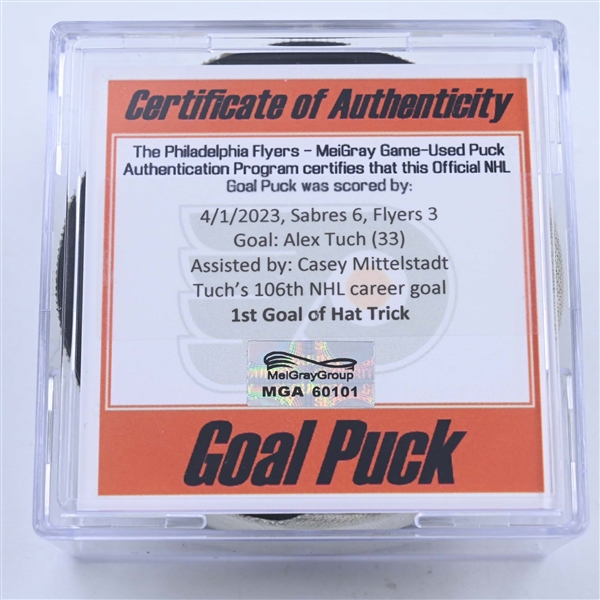 Alex Tuch - Buffalo Sabres - Goal Puck - April 1, 2023 vs. Philadelphia Flyers (Flyers Logo)