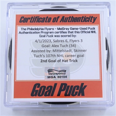 Alex Tuch - Buffalo Sabres - Goal Puck - April 1, 2023 vs. Philadelphia Flyers (Flyers Logo)