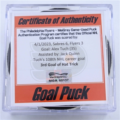 Alex Tuch - Buffalo Sabres - Goal Puck - April 1, 2023 vs. Philadelphia Flyers (Flyers Logo)