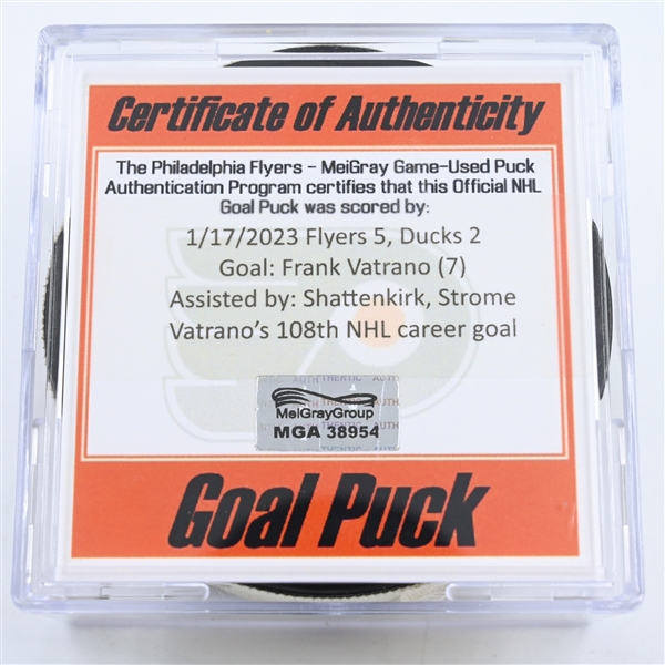 Frank Vatrano - Anaheim Ducks - Goal Puck -  January 17, 2023 vs. Philadelphia Flyers (Flyers Logo)