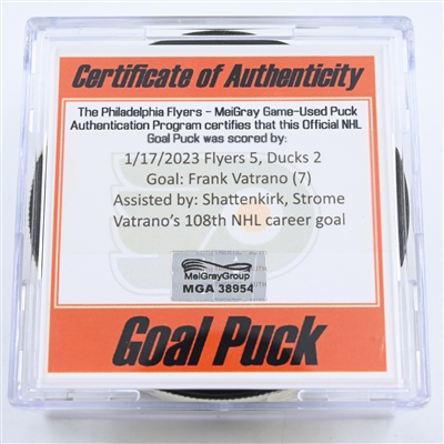Frank Vatrano - Anaheim Ducks - Goal Puck -  January 17, 2023 vs. Philadelphia Flyers (Flyers Logo)