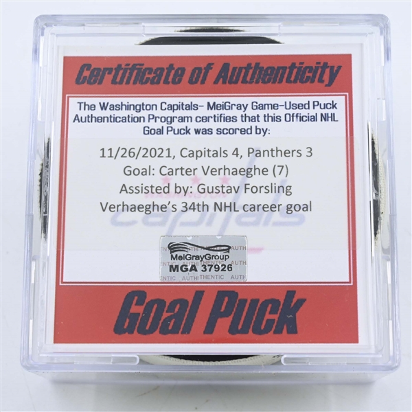 Carter Verhaeghe - Florida Panthers - Goal Puck - November 26, 2021 vs. Washington Capitals (Capitals Logo) 