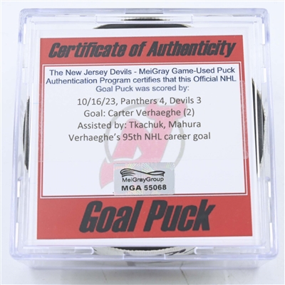 Carter Verhaeghe - Florida Panthers - Goal Puck - October 16, 2023 vs. New Jersey Devils (Devils Logo)