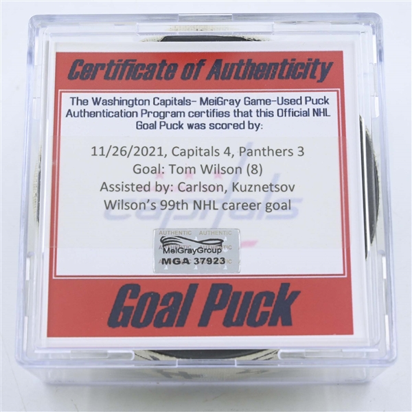 Tom Wilson - Washington Capitals - Goal Puck - November 26, 2021 vs. Florida Panthers (Capitals Logo) 