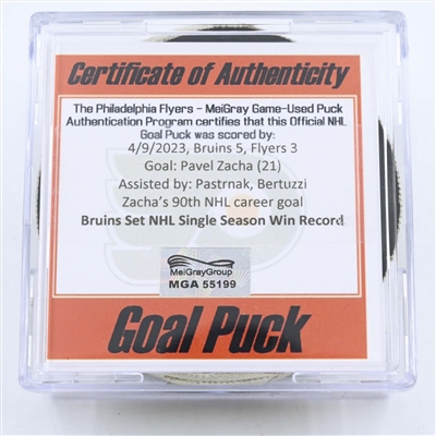 Pavel Zacha - Boston Bruins - Goal Puck - April 9, 2023 vs. Boston Bruins (Flyers Logo) - Bruins Set NHL Win Record