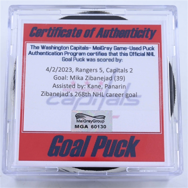 Mika Zibanejad - New York Rangers - Goal Puck - April 2, 2023 vs. Washington Capitals (Capitals Logo)