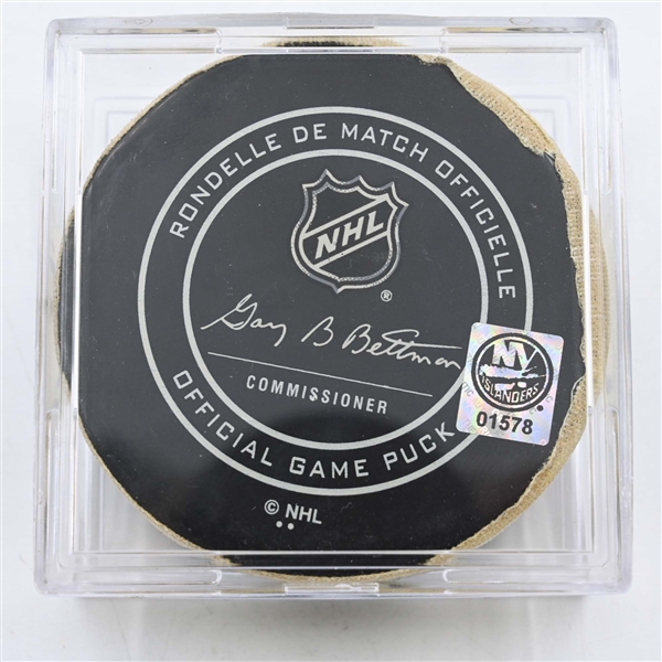 Victor Hedman - Tampa Bay Lightning - Goal Puck - March 22, 2018 vs. New York Islanders (Islanders Logo)