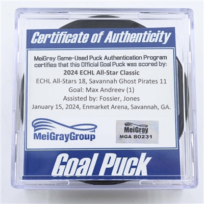 Max Andreev - Goal Puck - 2024 ECHL All-Star Classic - January 15, 2024