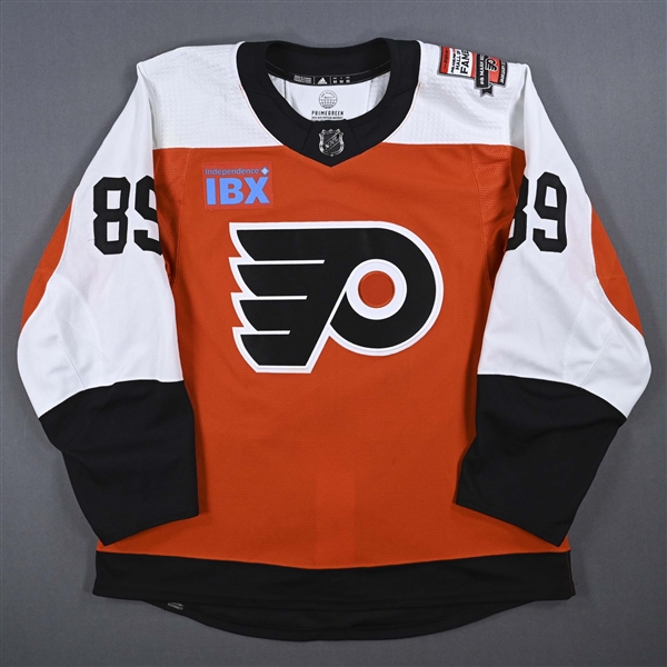 Cam Atkinson - Game-Worn Orange w/ Mark Recchi Flyers Hall of Fame Patch Jersey - January 27, 2024