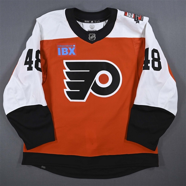 Morgan Frost - Game-Worn Orange w/ Mark Recchi Flyers Hall of Fame Patch Jersey - January 27, 2024