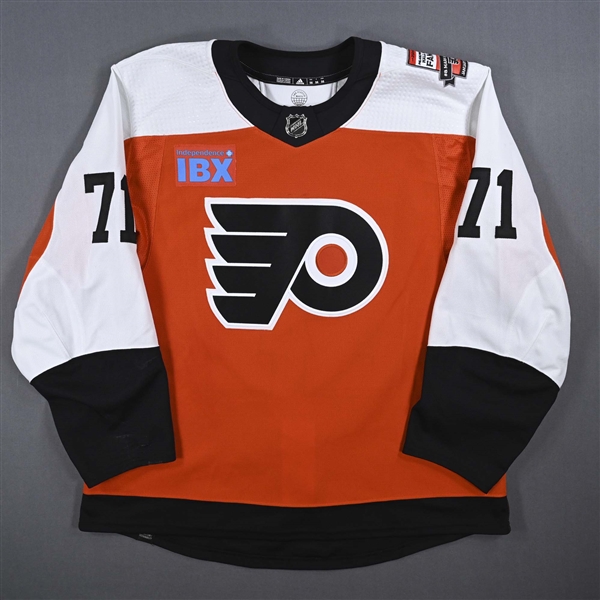 Tyson Foerster - Game-Worn Orange w/ Mark Recchi Flyers Hall of Fame Patch Jersey - January 27, 2024