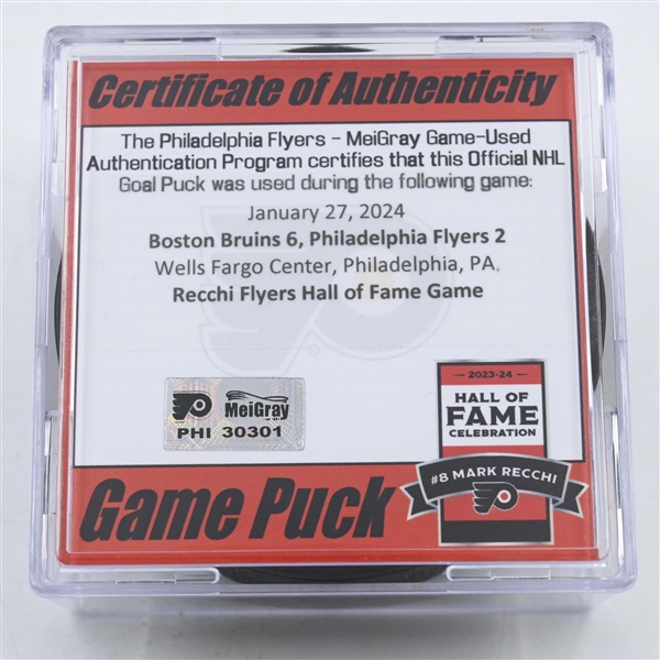 Game Puck - January 27, 2024 vs. Boston Bruins (Flyers Logo) - Mark Recchi Flyers Hall of Fame Game