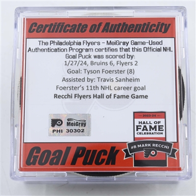 Tyson Foerster - Goal Puck - January 27, 2024 vs. Boston Bruins (Flyers Logo) - Mark Recchi Flyers Hall of Fame Game