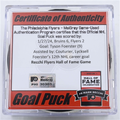 Tyson Foerster - Goal Puck - January 27, 2024 vs. Boston Bruins (Flyers Logo) - Mark Recchi Flyers Hall of Fame Game