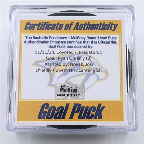 Ryan OReilly - Nashville Predators - Goal Puck - November 11, 2023 vs. Arizona Coyotes (Predators 25th Anniversary Logo)