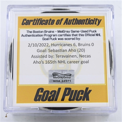 Sebastian Aho - Carolina Hurricanes - Goal Puck - February 10, 2022 vs Boston Bruins (Boston Bruins logo)