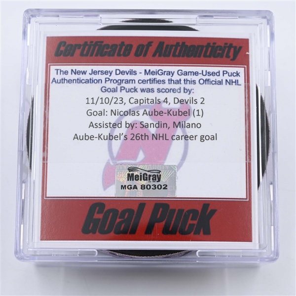 Nicolas Aube-Kubel - Washington Capitals - Goal Puck - November 10, 2023 vs. New Jersey Devils (Devils Logo)