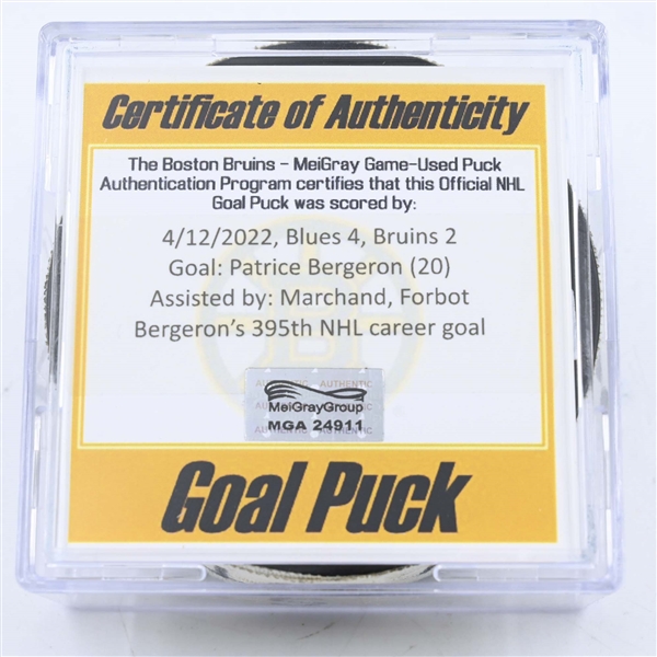 Patrice Bergeron  - Boston Bruins - Goal Puck - April 12, 2022 vs. St. Louis Blues (Boston Bruins logo)