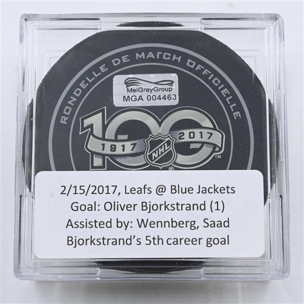 Oliver Bjorkstrand - Columbus Blue Jackets - Goal Puck - February 15, 2017 vs. Toronto Maple Leafs (Blue Jackets Logo)