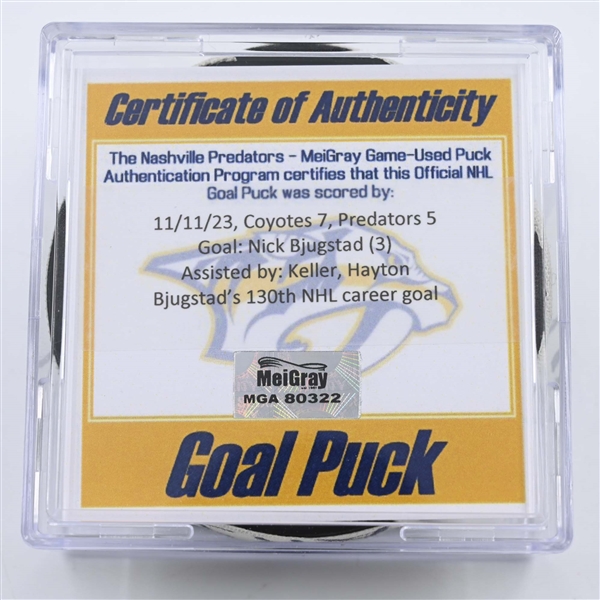 Nick Bjugstad - Arizona Coyotes - Goal Puck - November 11, 2023 vs. Nashville Predators (Predators 25th Anniversary Logo)