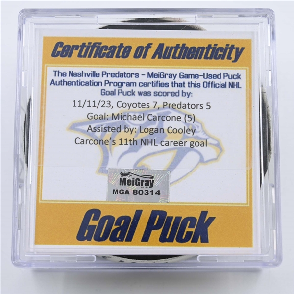 Michael Carcone - Arizona Coyotes - Goal Puck - November 11, 2023 vs. Nashville Predators (Predators 25th Anniversary Logo)