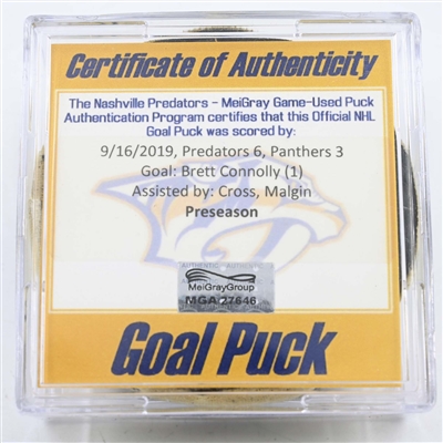 Brett Connolly - Florida Panthers - Goal Puck - September 16, 2019 vs. Nashville Predators (Predators Logo) - PRESEASON - 1st of 2 Split-Squad Games