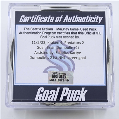 Brian Dumoulin - Seattle Kraken - Goal Puck - November 2, 2023 vs. Nashville Predators (Kraken Logo)